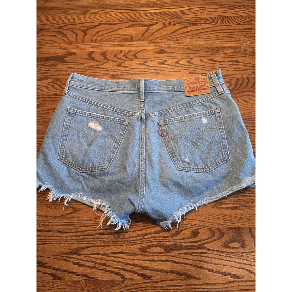 Levi's 501 Cut Off Denim Shorts Womens W31 High Rise Button Fly Distressed Blue - Picture 3 of 13
